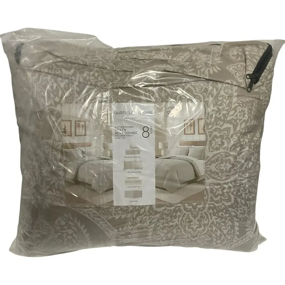 Sunham Neutral Damask 8 Pc Comforter Set Light Beige Queen